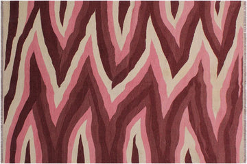 Flat Weave Kilim, Antique, Navaho, Vintage, Handmade, Modern Kilim Red Pink Hand-Woven Rectangle 100% Wool Area Rug 4 x 6